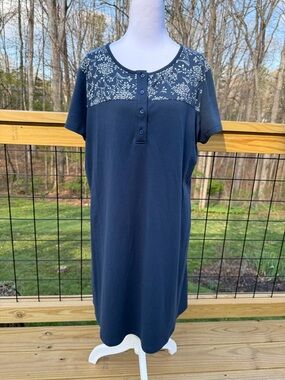 Navy Short-Sleeve Midi Dress with Floral Yoke NWOT
